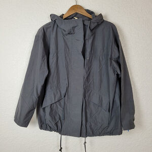 Eileen Fisher Women's Hooded Rain Jacket Gray Nylon Organic Cotton Cinched Large